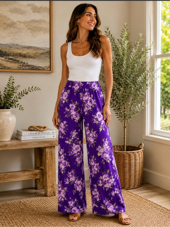 IMAN Pants - IMAN Purple Floral Wide-Leg Pants size M